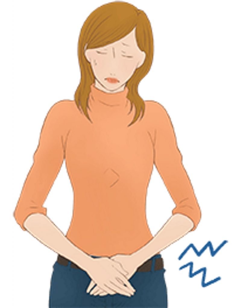 オレンジ色のハイネックを着た女性が腹痛でお腹を抑えているイラストの画像