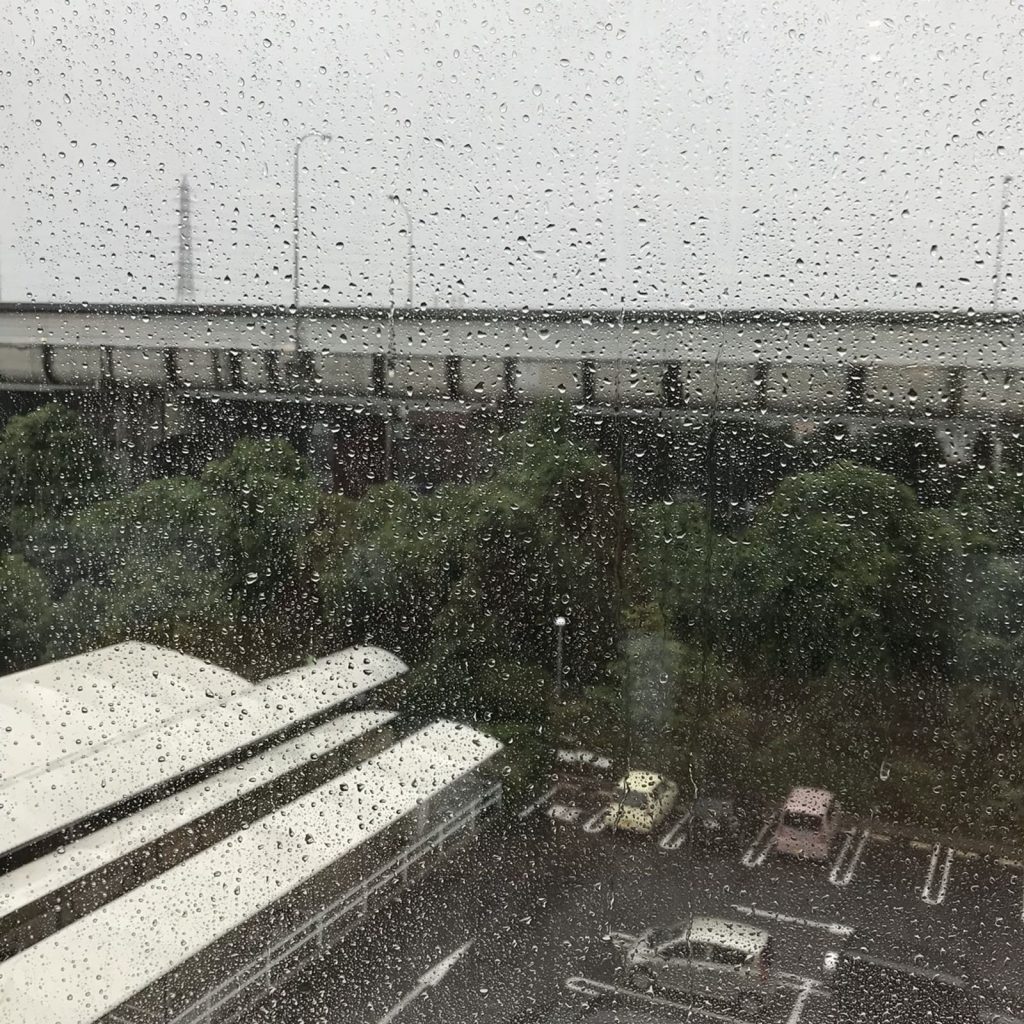 窓から見た雨の降っている外の景色の写真の画像