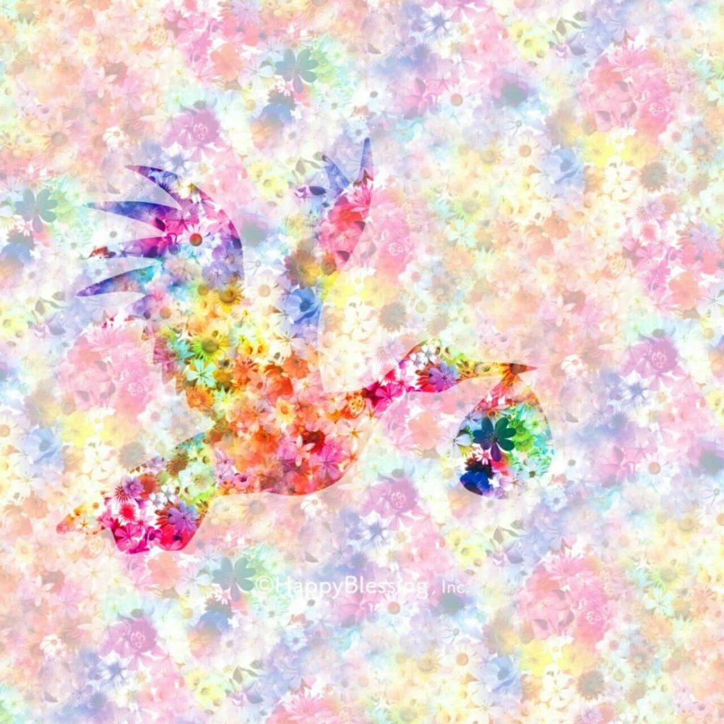 色とりどりの花のイラストの中に、コウノトリのシルエットが浮かび上がってるイラストの画像