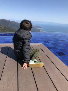 きれいな景色と小さな男の子の後姿の写真の画像
